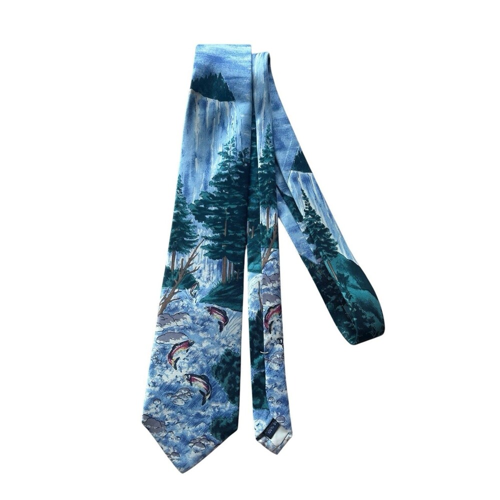 Vintage Lands' End Silk Tie Fishing Trout Salmon Fish Hand Sewn in USA
